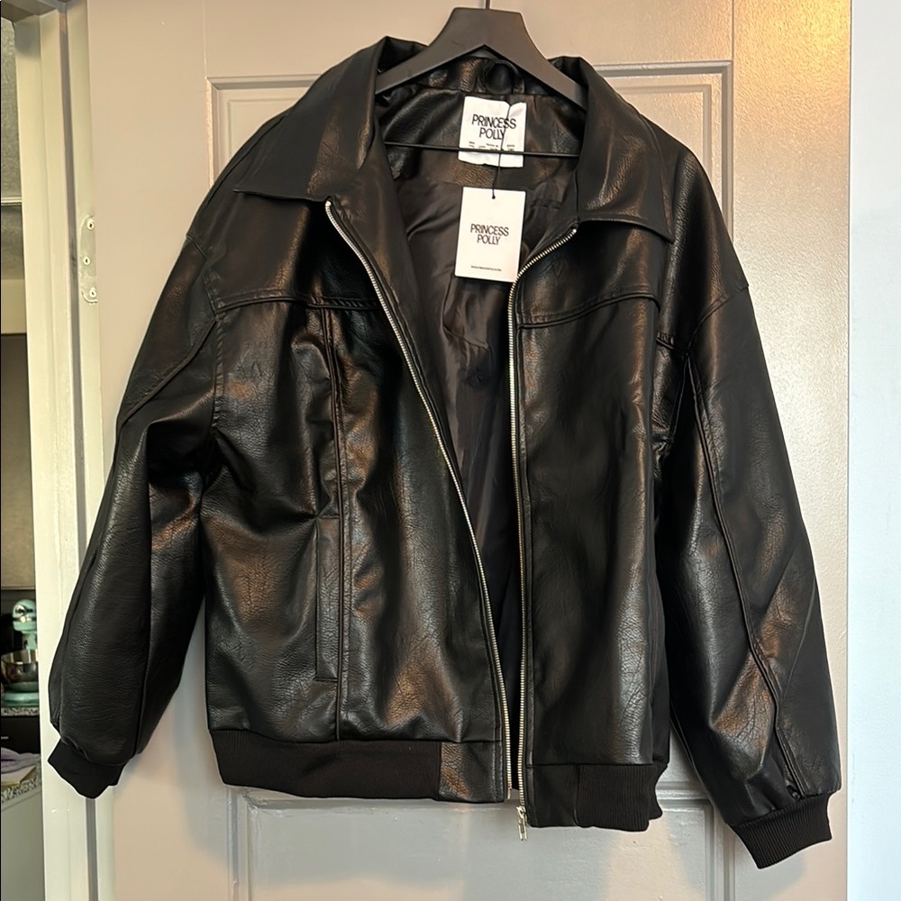 Princess Polly Goldsmith Faux Leather Bomber Jacket - Black